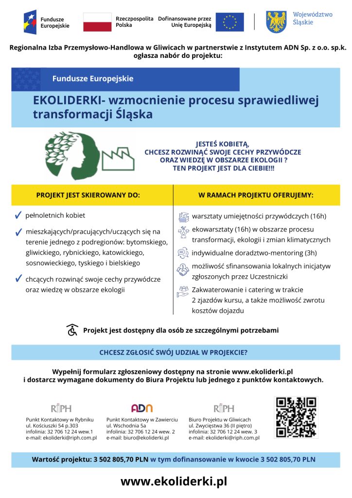 Bezpłatny udziału w projekcie „EKOLIDERKI – Wzmocnienie procesu sprawiedliwej transformacji Śląska”
